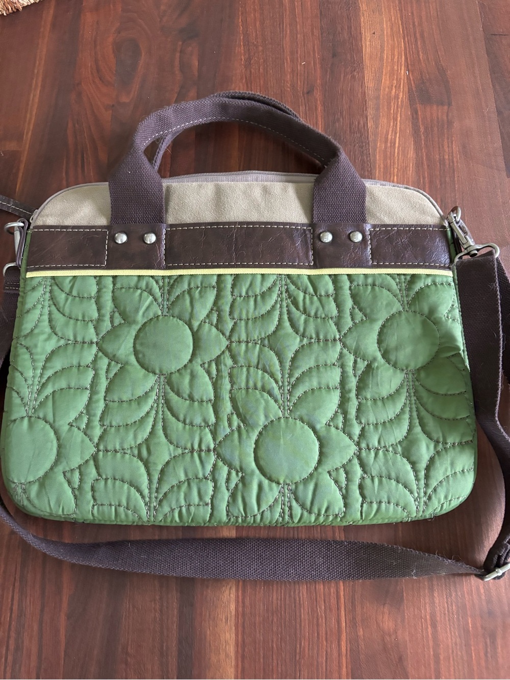 Fossil Key-per Quilted Green Floral Laptop/messenger Bag with Brown Straps - Picture 2 of 7